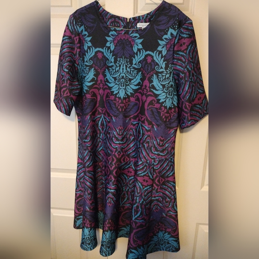 Danny & Nicole Black Dress with Teal and Purple Damask Print